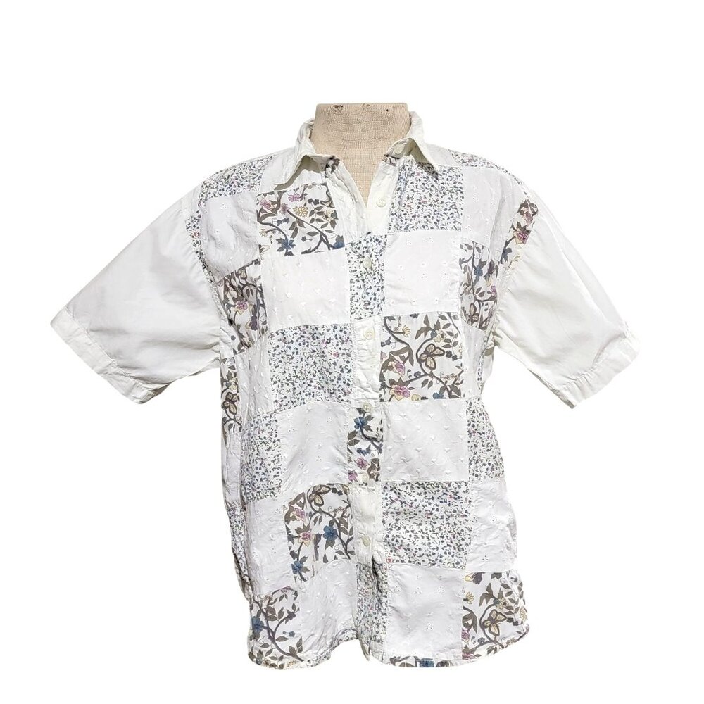 Vintage Grandmacore Patchwork Embroidered Floral Button-Up Grannycore Cottgecore